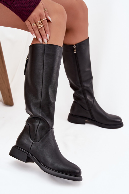 Bottes noires en cuir synthétique pour femmes, hauteur genou, avec talons larges et doublure D&A JC62-1036