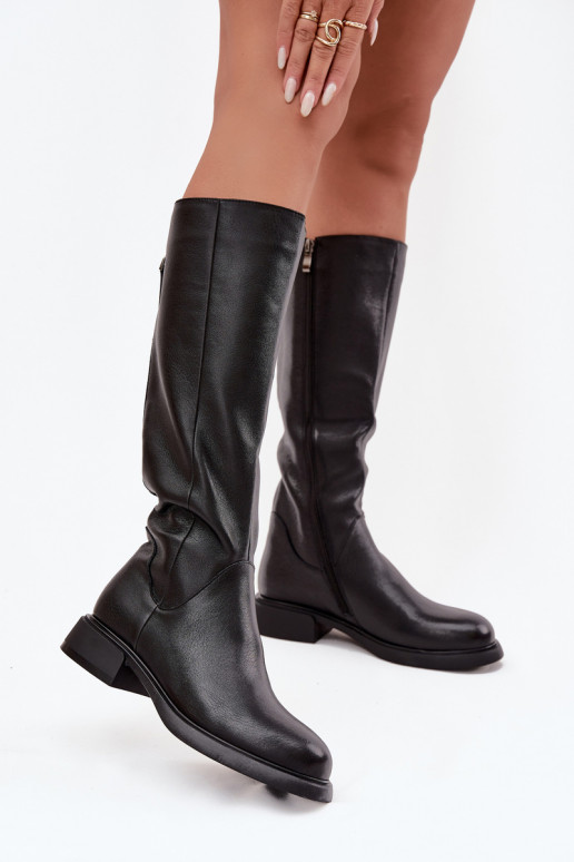 Bottes noires en cuir synthétique pour femmes, hauteur genou, avec talons larges et doublure D&A JC62-1036
