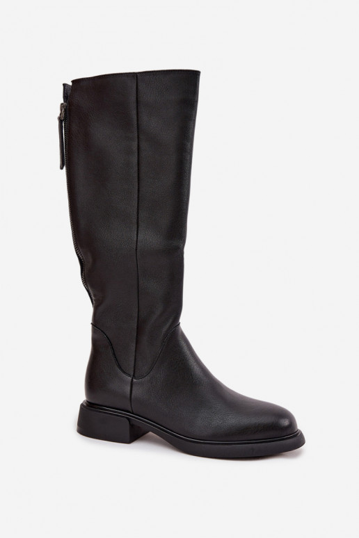 Bottes noires en cuir synthétique pour femmes, hauteur genou, avec talons larges et doublure D&A JC62-1036