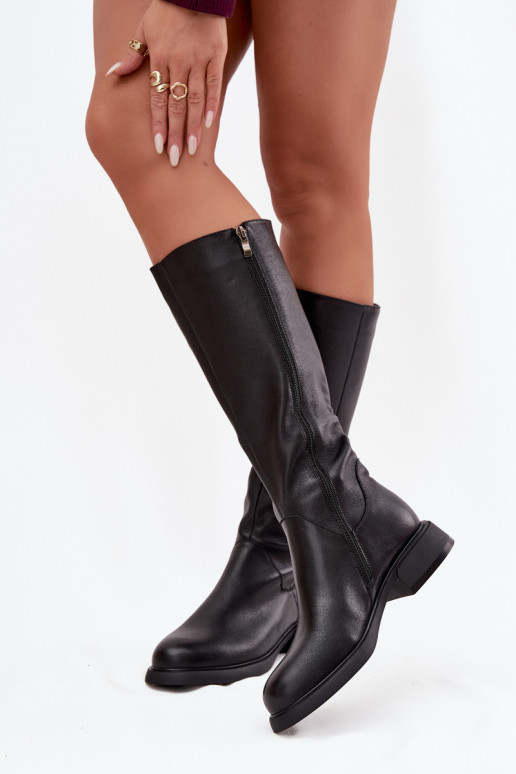 Bottes noires en cuir synthétique pour femmes, hauteur genou, avec talons larges et doublure D&A JC62-1036