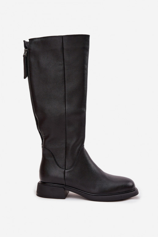 Bottes noires en cuir synthétique pour femmes, hauteur genou, avec talons larges et doublure D&A JC62-1036