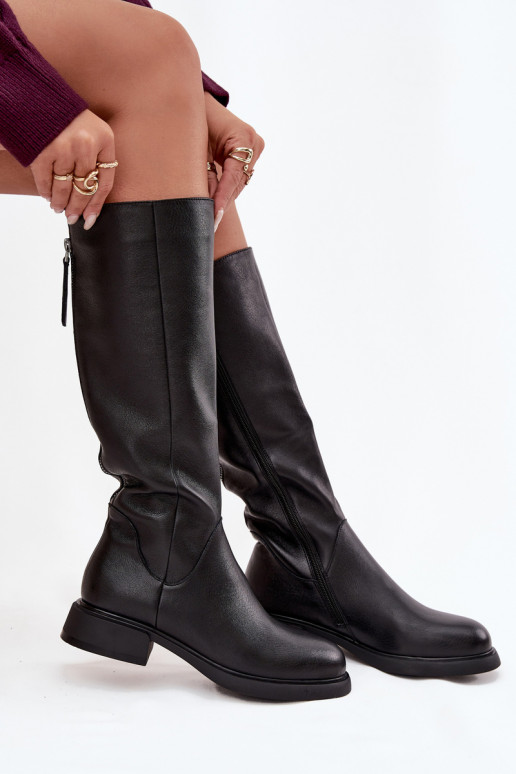 Bottes noires en cuir synthétique pour femmes, hauteur genou, avec talons larges et doublure D&A JC62-1036
