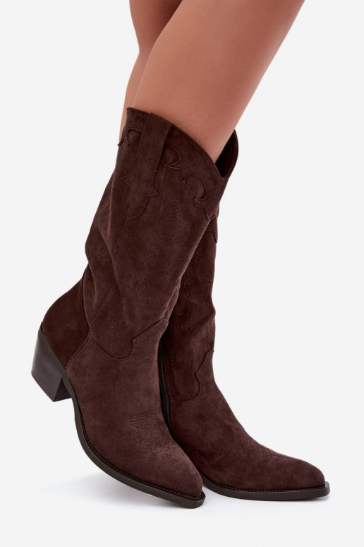 Bottes chocolat en suède synthétique style cowboy avec talons Jarissa