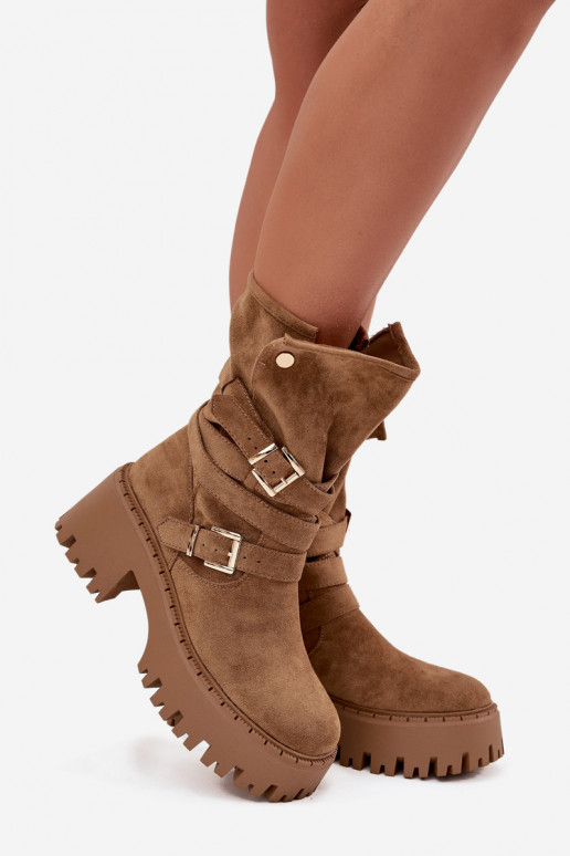 Bottines femme kaki à talons épais avec boucles et sangles Nerelisa