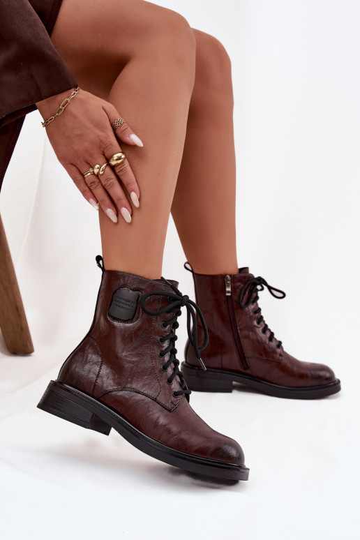 Peau Bottines de travail Féminin Avec des décorations Detalem Il fautciejka K7180-01 marron