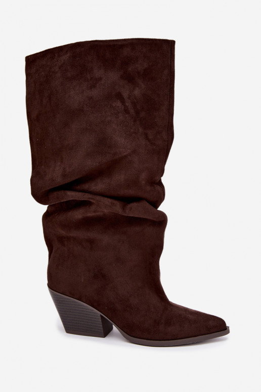 Bottes au-dessus du genou pour femmes avec partie supérieure incurvée et talons en daim couleur chocolat Durela