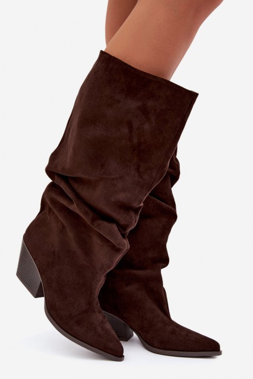 Bottes au-dessus du genou pour femmes avec partie supérieure incurvée et talons en daim couleur chocolat Durela