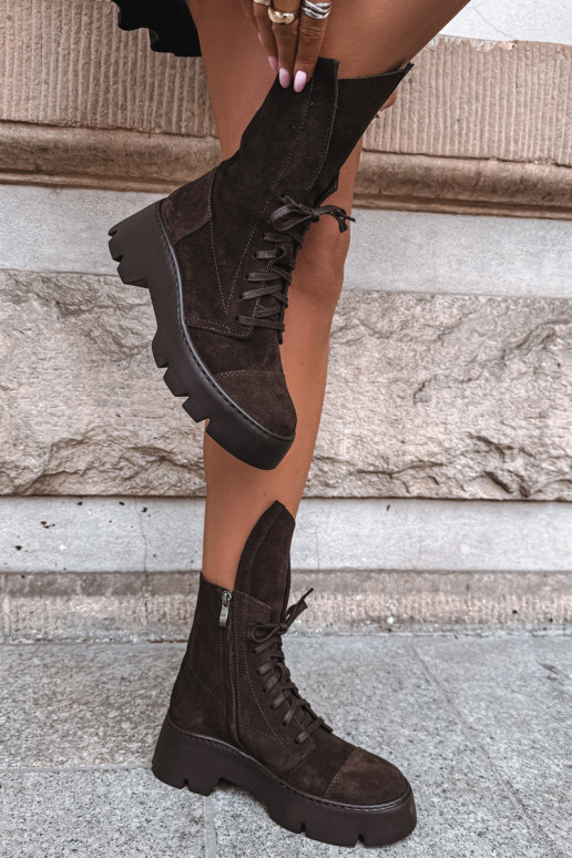 Bottines de travail pour femmes couleur marron foncé en daim synthétique Zazoo 976