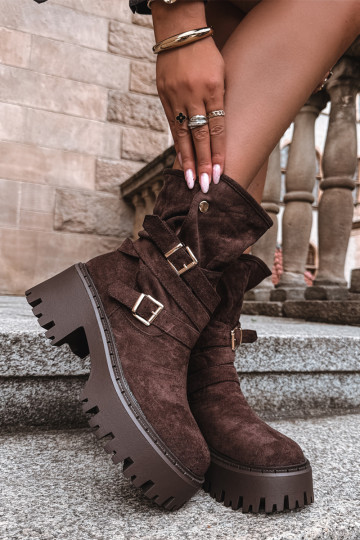Bottines pour femmes à talons épais avec boucles et lanières, couleur chocolat, Nerelisa