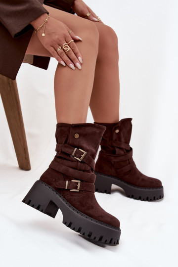 Bottines pour femmes à talons épais avec boucles et lanières, couleur chocolat, Nerelisa 2