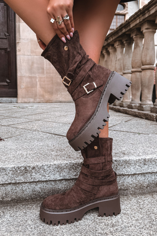 Bottines pour femmes à talons épais avec boucles et lanières, couleur chocolat, Nerelisa