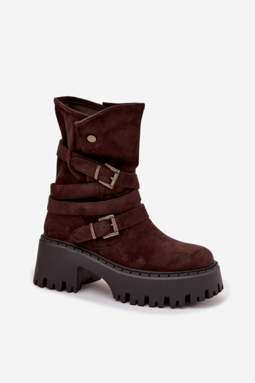 Bottines pour femmes à talons épais avec boucles et lanières, couleur chocolat, Nerelisa