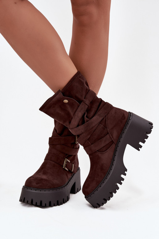 Bottines pour femmes à talons épais avec boucles et lanières, couleur chocolat, Nerelisa