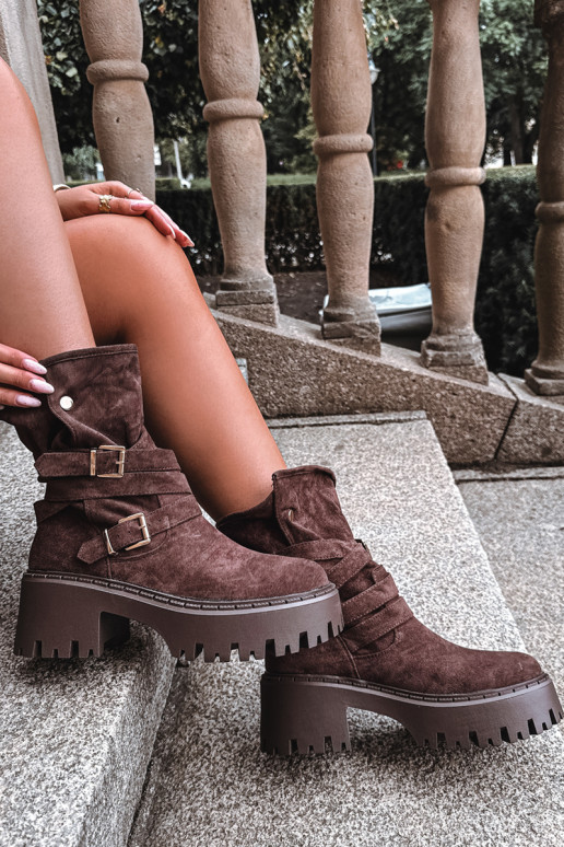Bottines pour femmes à talons épais avec boucles et lanières, couleur chocolat, Nerelisa