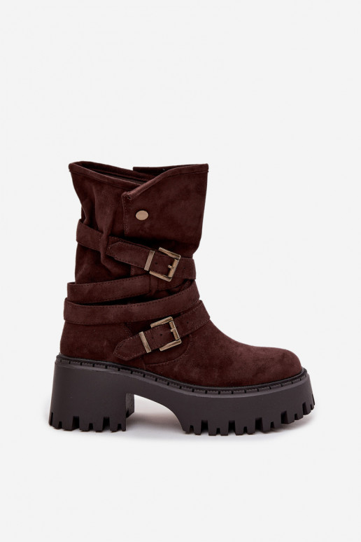 Bottines pour femmes à talons épais avec boucles et lanières, couleur chocolat, Nerelisa