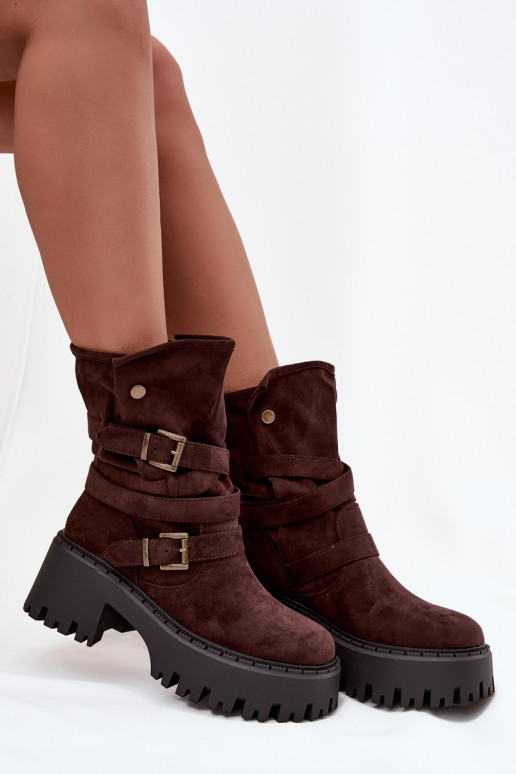 Bottines pour femmes à talons épais avec boucles et lanières, couleur chocolat, Nerelisa