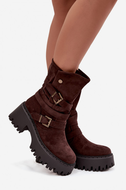 Bottines pour femmes à talons épais avec boucles et lanières, couleur chocolat, Nerelisa