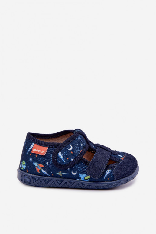 Chaussons pour enfants Milami avec fermetures auto-agrippantes et fusées en bleu marine Reathiana