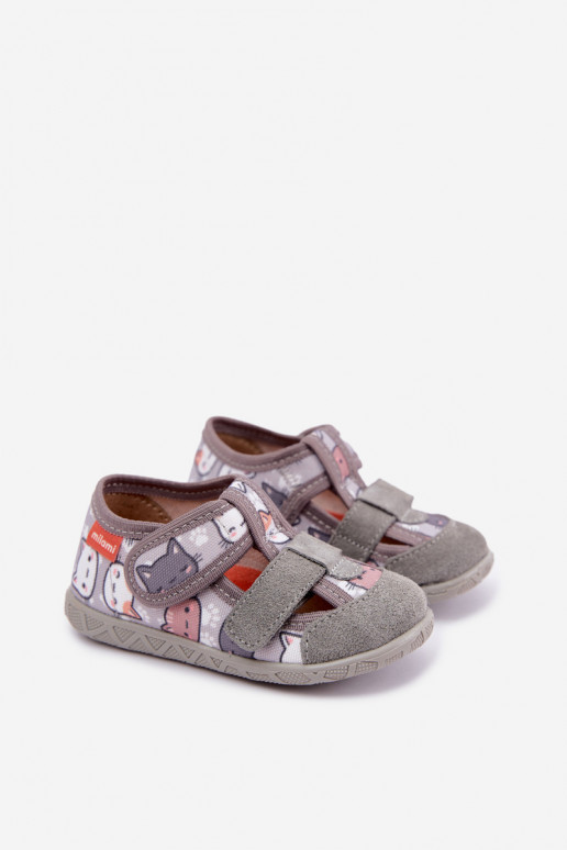 Chaussons pour enfants Milami avec fermetures auto-agrippantes et chats en gris Reathiana
