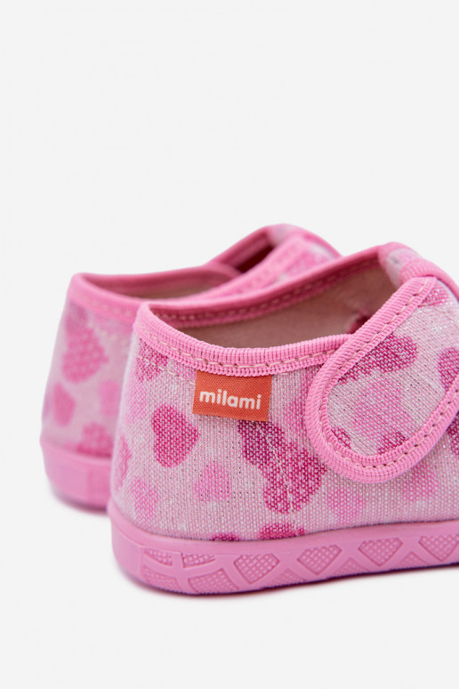 Chaussons pour enfants Milami avec fermetures auto-agrippantes et cœurs pailletés en rose Reathiana