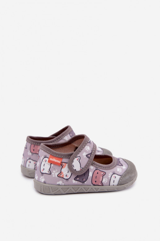 Chaussons pour enfants Milami avec fermetures auto-agrippantes et chats en gris Esnia