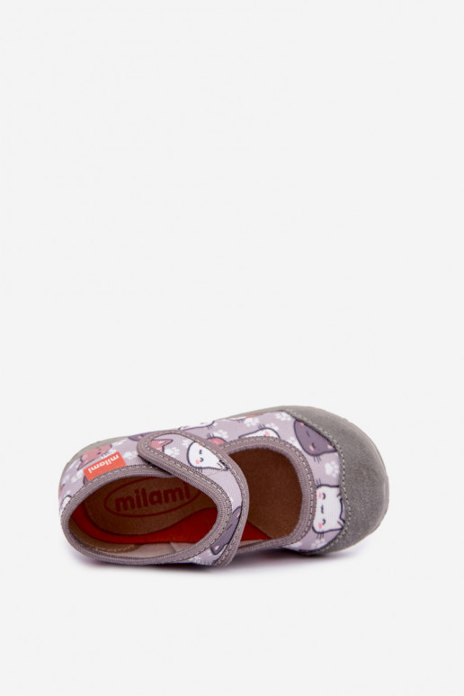 Chaussons pour enfants Milami avec fermetures auto-agrippantes et chats en gris Esnia