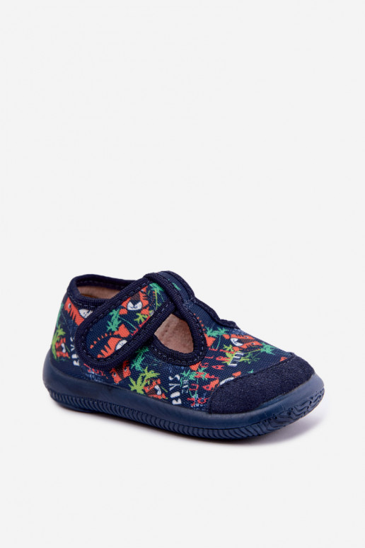 Chaussons élastiques pour enfants Milami avec fermetures auto-agrippantes et motifs de jungle en bleu marine Ambette