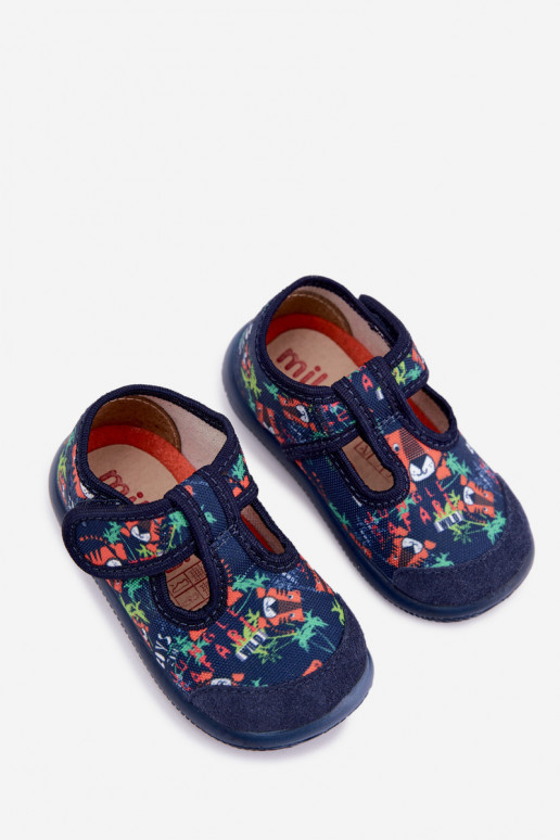 Chaussons élastiques pour enfants Milami avec fermetures auto-agrippantes et motifs de jungle en bleu marine Ambette