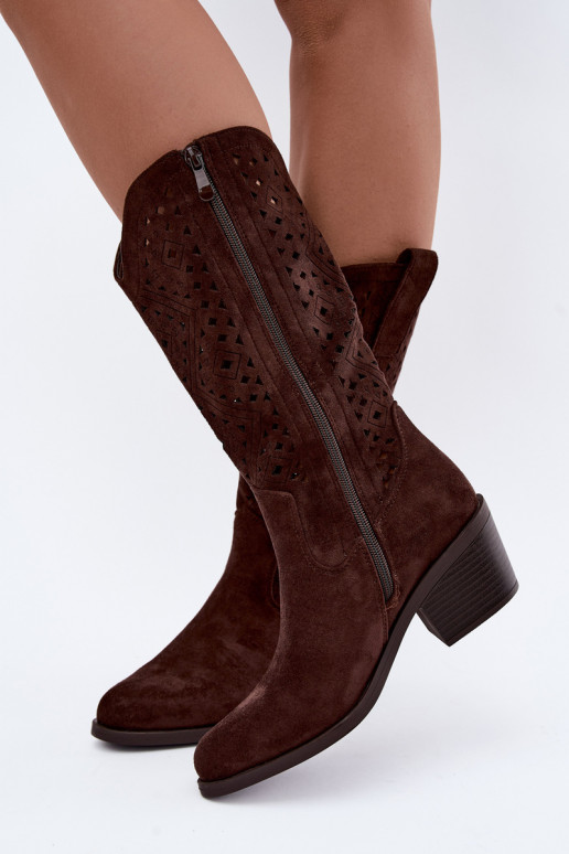 bottes hautes avec éléments découpés dans un style cowboy avec talons S.Barski HY62-8126 couleur chocolat