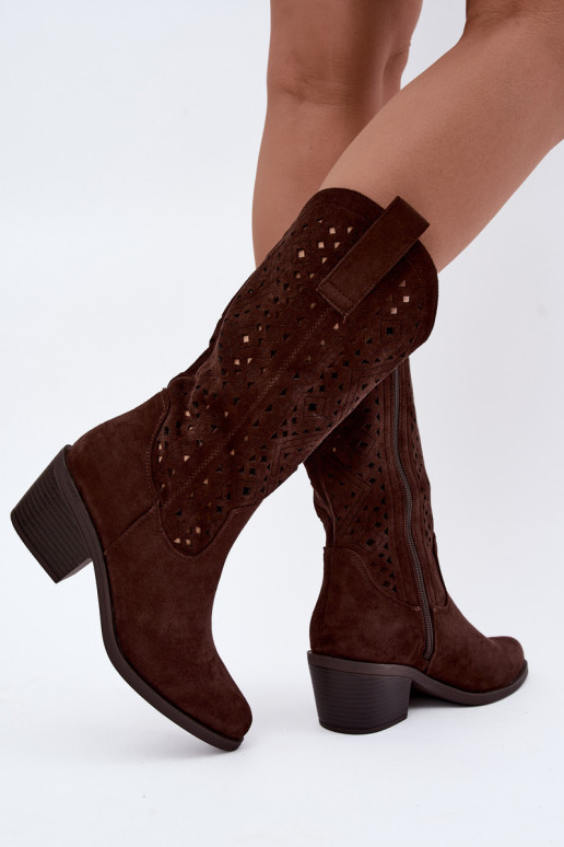 bottes hautes avec éléments découpés dans un style cowboy avec talons S.Barski HY62-8126 couleur chocolat