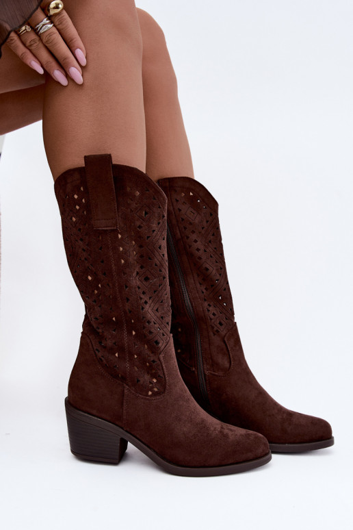 bottes hautes avec éléments découpés dans un style cowboy avec talons S.Barski HY62-8126 couleur chocolat