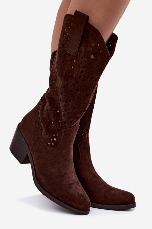 bottes hautes avec éléments découpés dans un style cowboy avec talons S.Barski HY62-8126 couleur chocolat