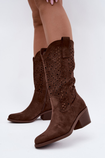 bottes hautes avec éléments découpés dans un style cowboy avec talons S.Barski HY62-8126 couleur marron