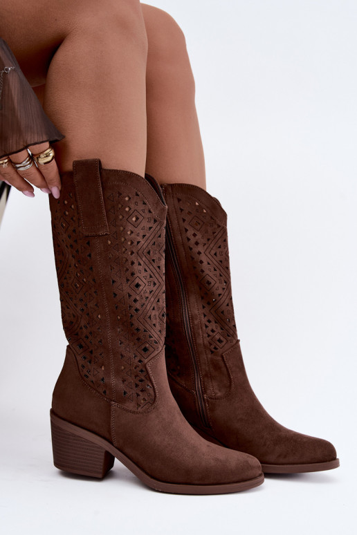 bottes hautes avec éléments découpés dans un style cowboy avec talons S.Barski HY62-8126 couleur marron