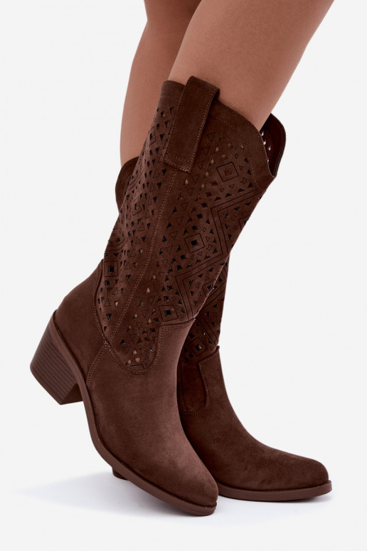 bottes hautes avec éléments découpés dans un style cowboy avec talons S.Barski HY62-8126 couleur marron