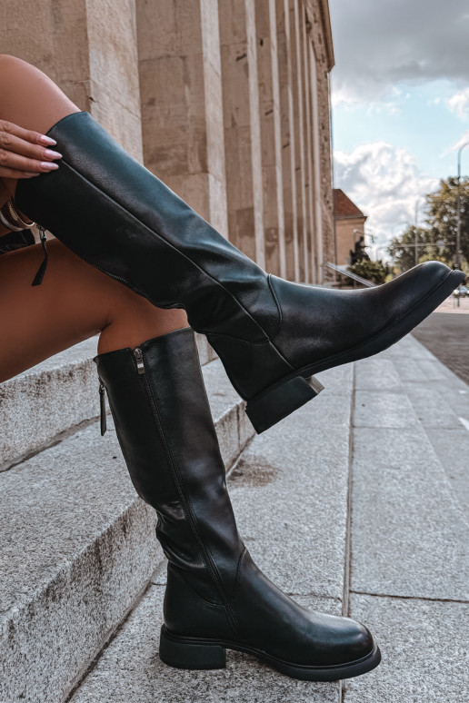 Bottes noires en cuir synthétique pour femmes, hauteur genou, avec talons larges et doublure D&A JC62-1036