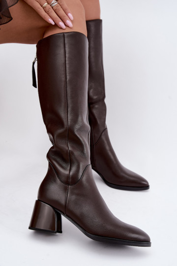Bottes longues en cuir pour femmes doublées avec talons D&A JC62-1069 chocolat
