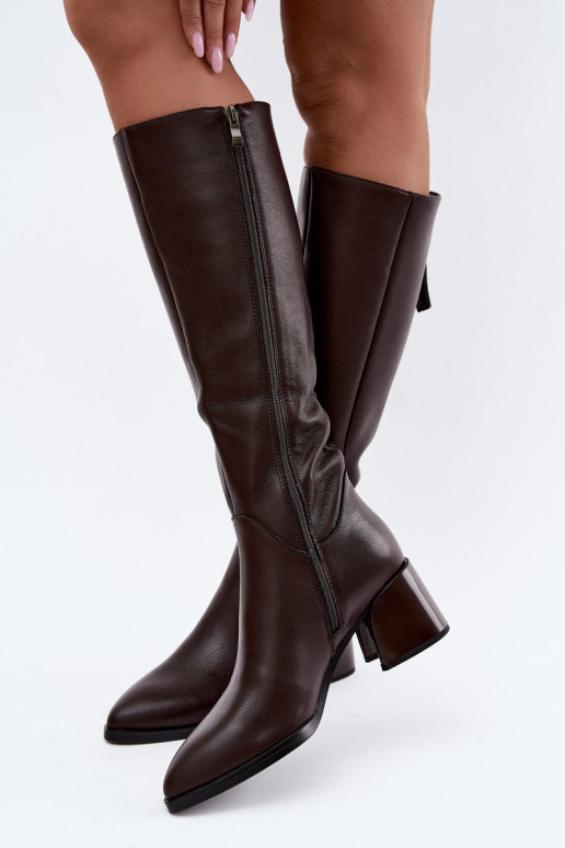 Bottes longues en cuir pour femmes doublées avec talons D&A JC62-1069 chocolat