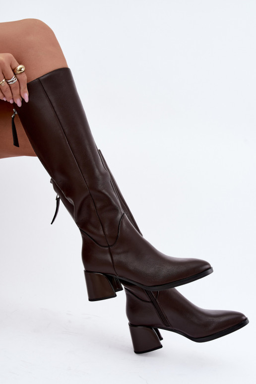 Bottes longues en cuir pour femmes doublées avec talons D&A JC62-1069 chocolat