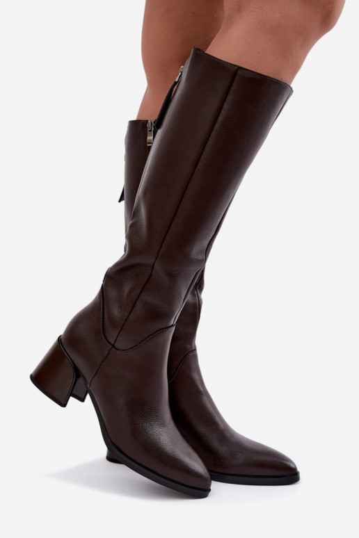 Bottes longues en cuir pour femmes doublées avec talons D&A JC62-1069 chocolat