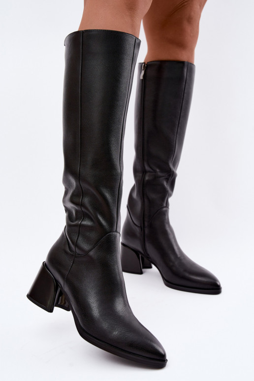 Bottes longues en cuir pour femmes doublées avec talons D&A JC62-1069 noir