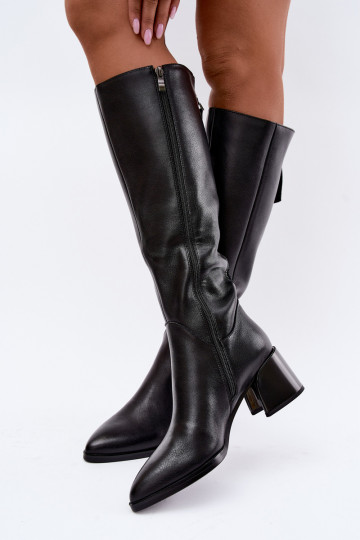 Bottes longues en cuir pour femmes doublées avec talons D&A JC62-1069 noir 2