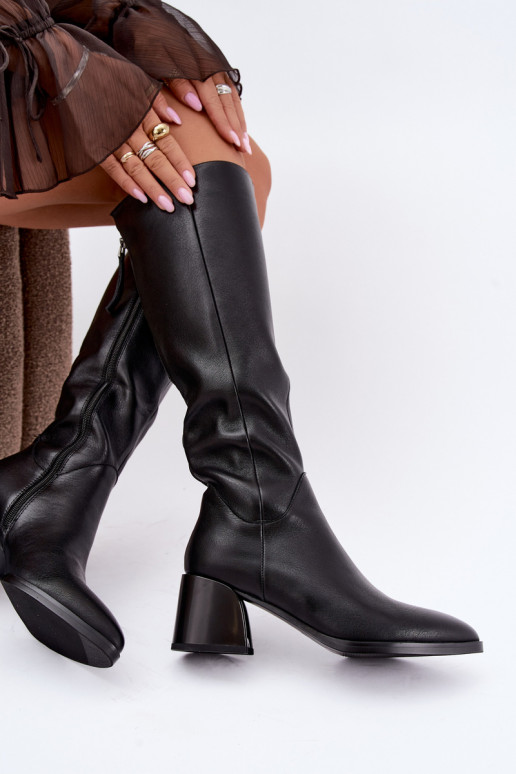 Bottes longues en cuir pour femmes doublées avec talons D&A JC62-1069 noir