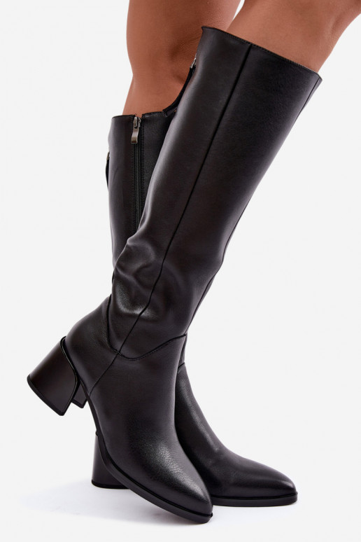 Bottes longues en cuir pour femmes doublées avec talons D&A JC62-1069 noir