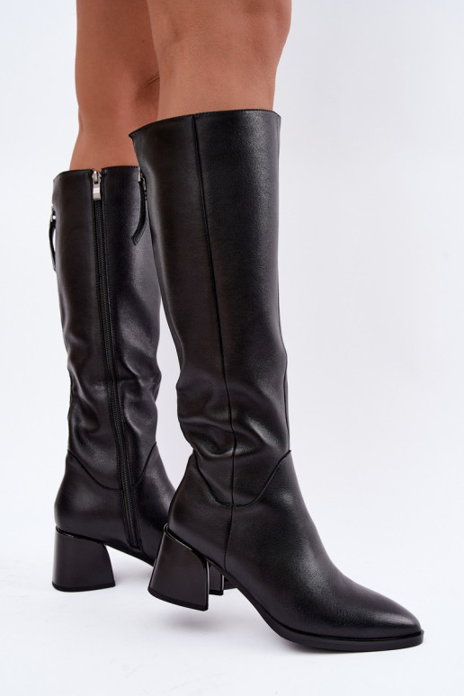 Bottes longues en cuir pour femmes doublées avec talons D&A JC62-1069 noir