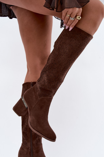 Bottes longues avec éléments découpés et talons S.Barski HY62-8122 marron 2