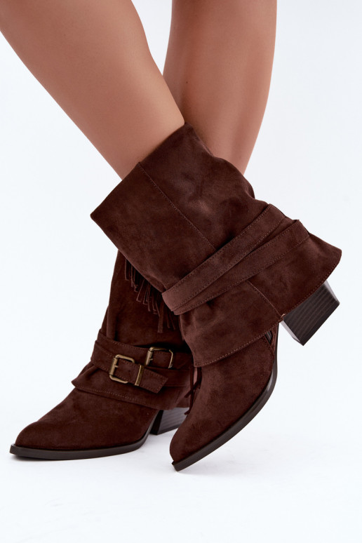Bottines de style cowboy avec franges, rubans et boucles chocolat Corvella