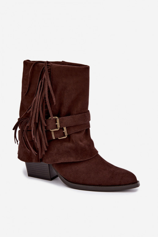 Bottines de style cowboy avec franges, rubans et boucles chocolat Corvella