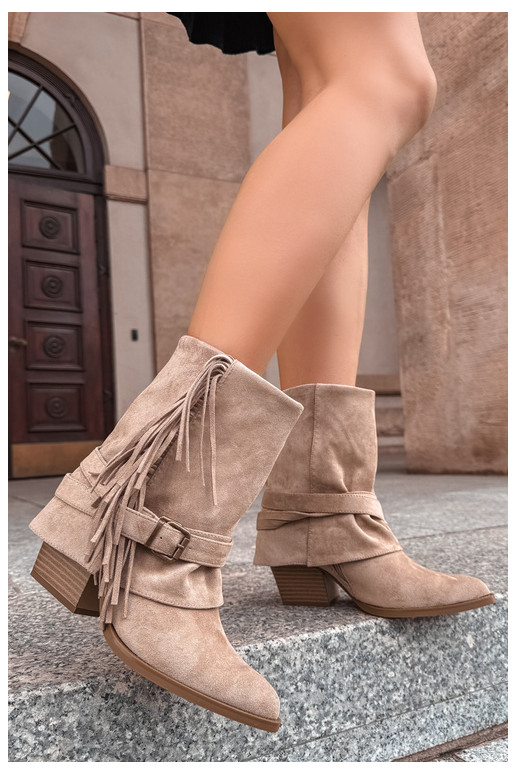 Bottines de style cowboy avec franges, rubans et boucles sable Corvella