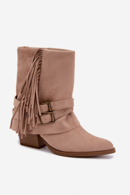 Bottines de style cowboy avec franges, rubans et boucles sable Corvella